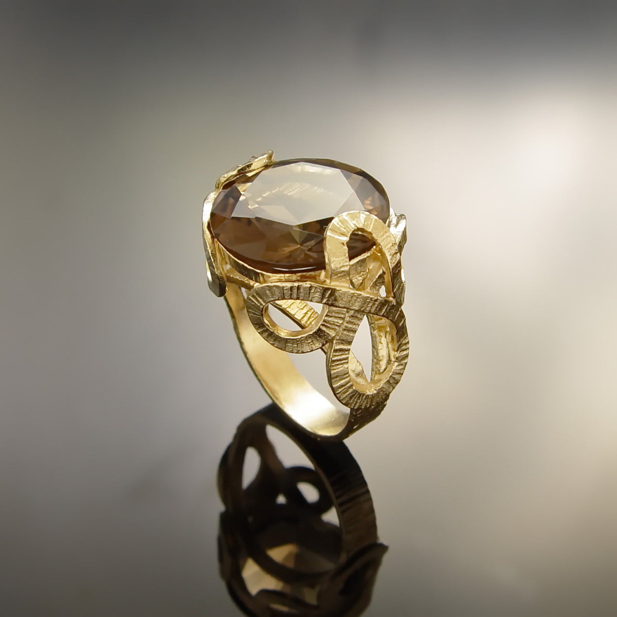 RG1747 Smokey Quartz Textured gold ring