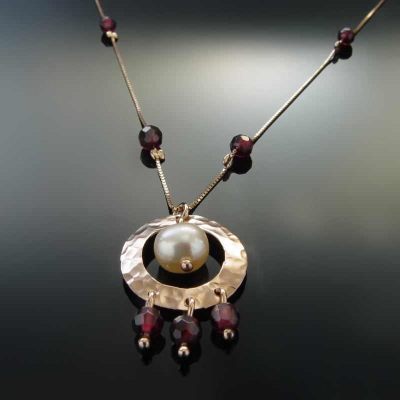 NG4467A Gold Station Necklace with Garnet and Pink Pearl