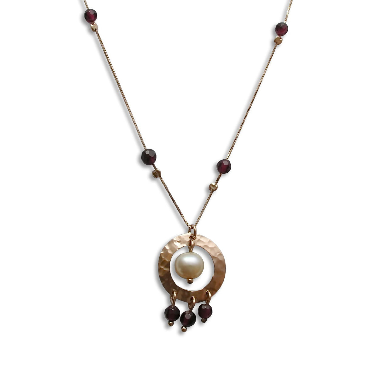 NG4467A Gold Station Necklace with Garnet and Pink Pearl