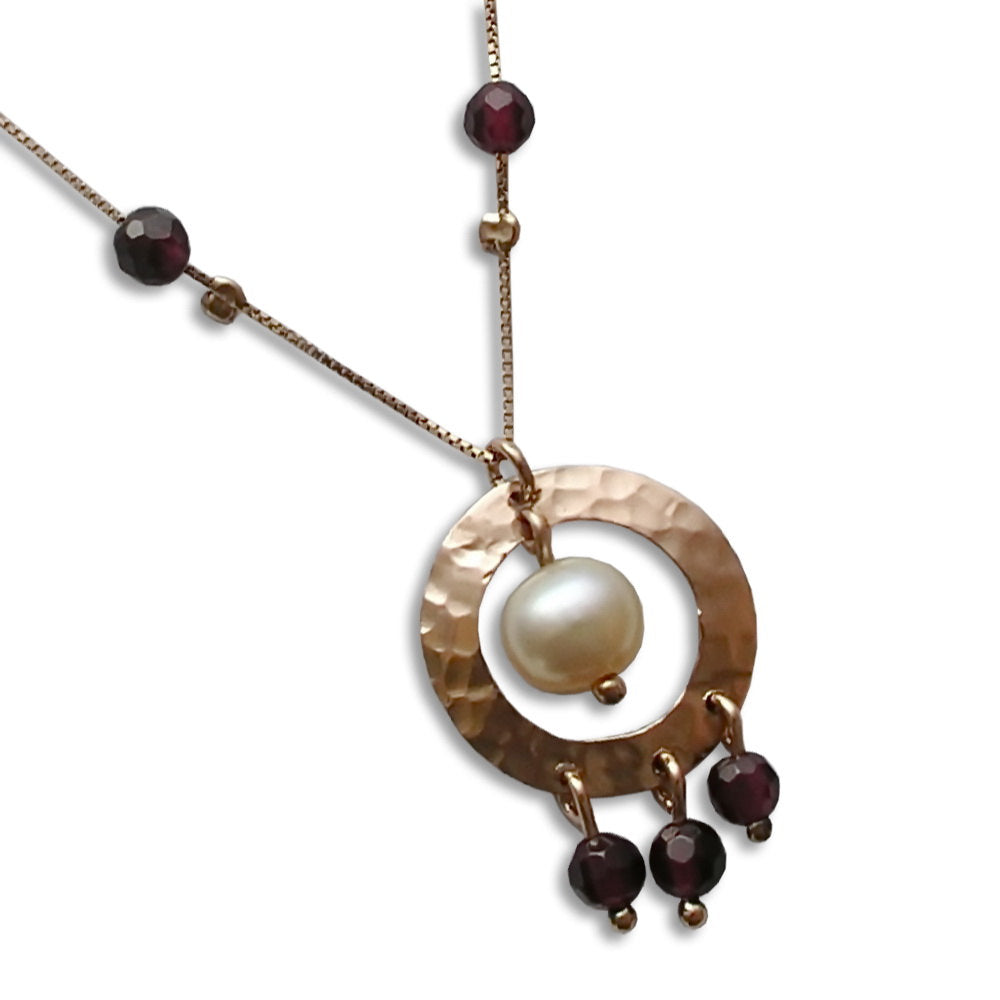 NG4467A Gold Station Necklace with Garnet and Pink Pearl