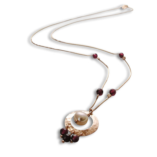 NG4467A Gold Station Necklace with Garnet and Pink Pearl