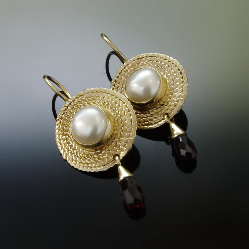 EG0763A Braided Gold Earrings with Pearl and Garnet