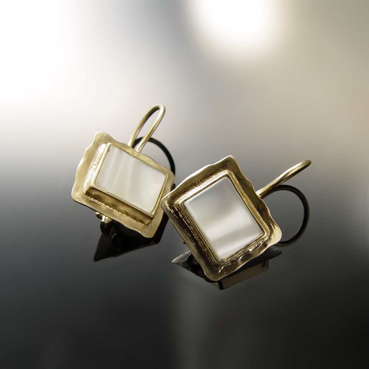 EG0781B Textured Gold Square Earrings with Mother of Pearls