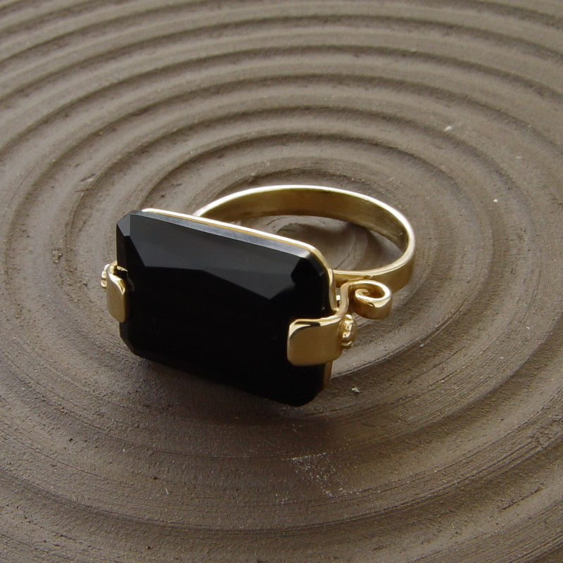 RG1242-1 Rectangle Black Onyx Ring with Dainty Gold Band