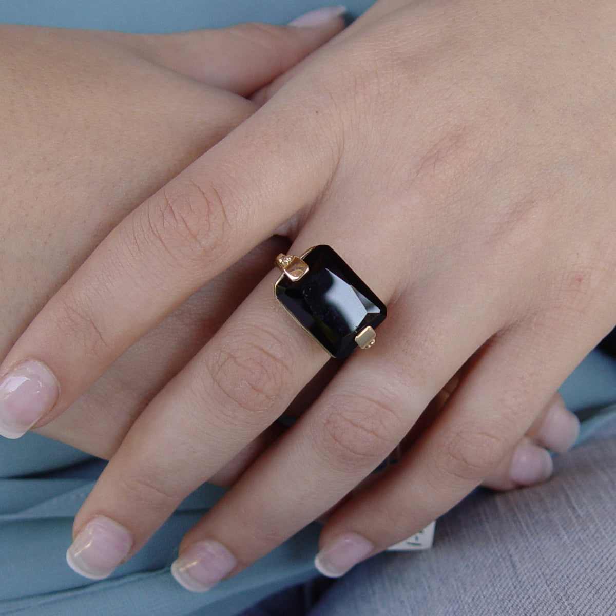 RG1242-1 Rectangle Black Onyx Ring with Dainty Gold Band