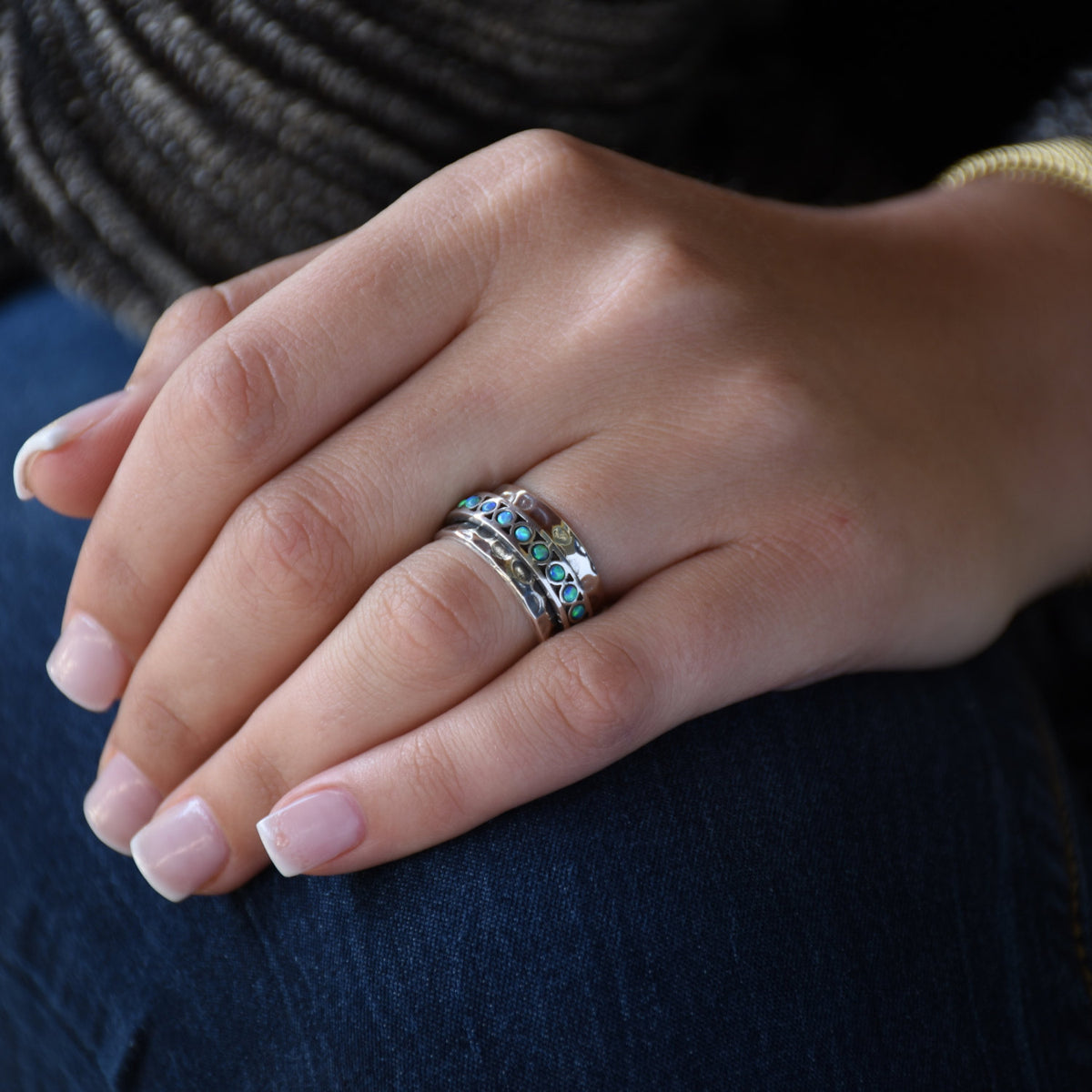 R1735B Hammered Silver and Opal Spinner Ring