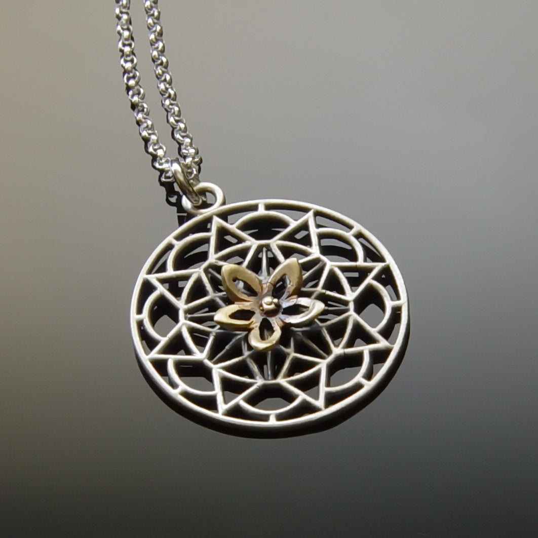 N4745 Mandala flower silver and gold necklace