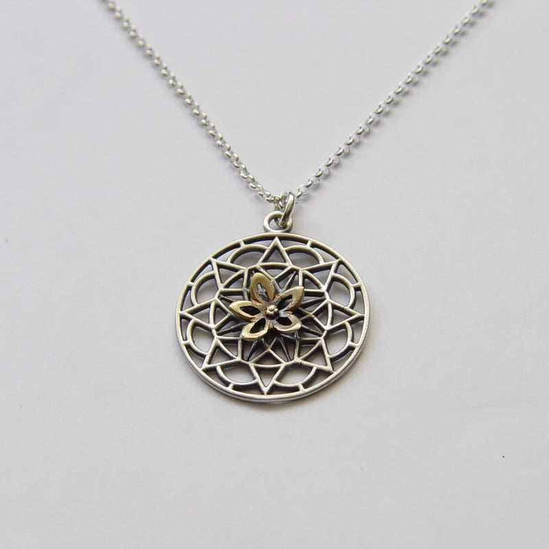 N4745 Mandala flower silver and gold necklace