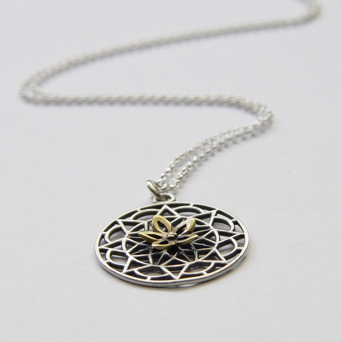 N4745 Mandala flower silver and gold necklace