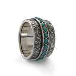 Silver flowers band with Turquoise spinner, spinner ring, silver spinner band