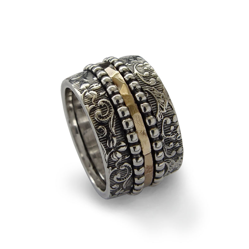 R1793 Dots spinner silver ring with hammered gold