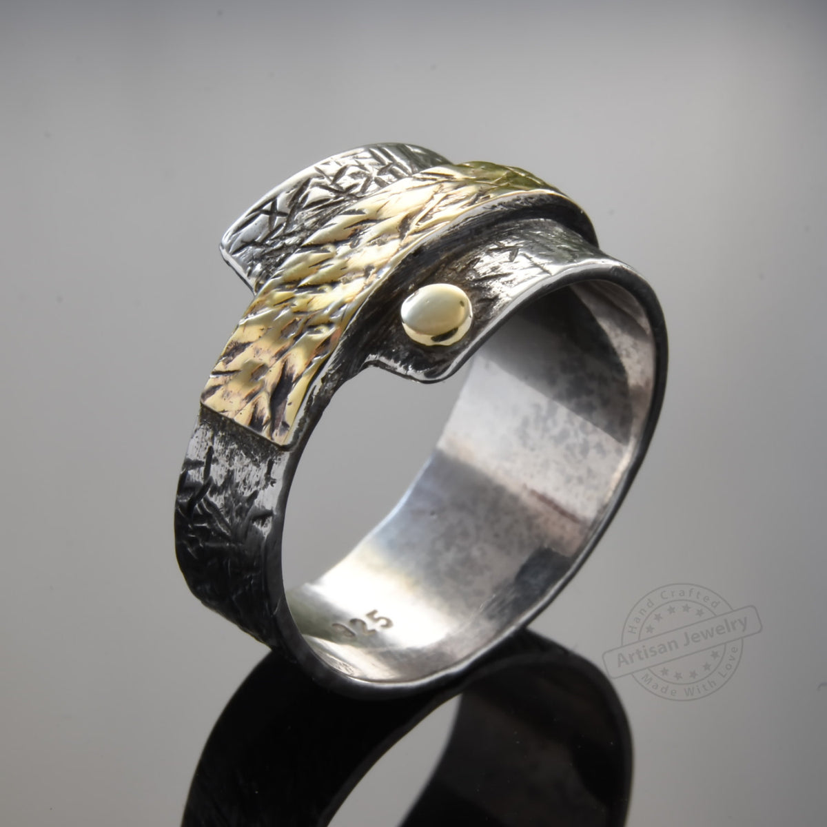 R1659 Rustic silver gold rivet ring