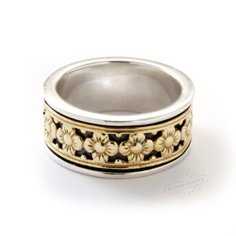 R1143 Ethnic Mixed Metals Ring with Flower Details