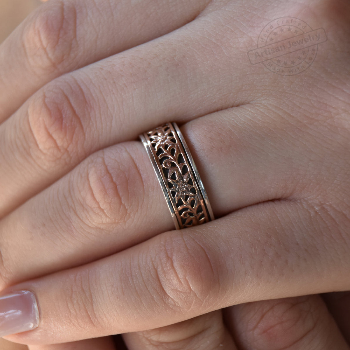 R1151 Rose gold flowers wide band