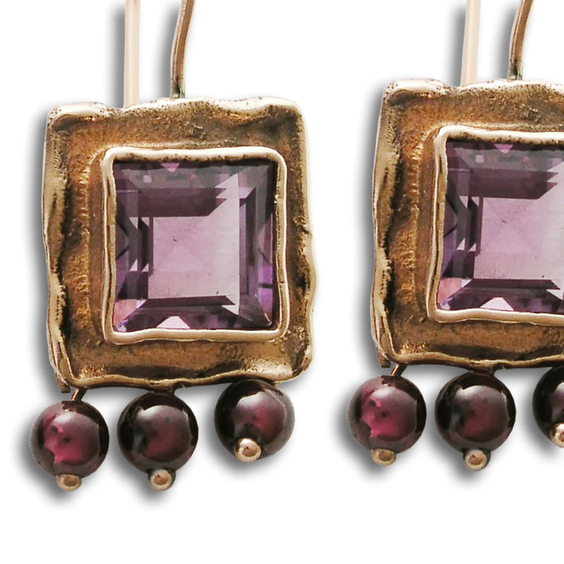 EG7705 Rose Gold chandelier Earrings with Square Amethyst and Garnets