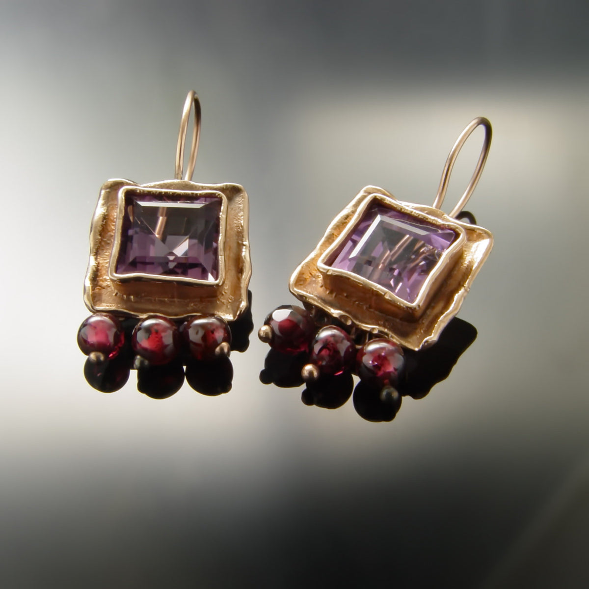 EG7705 Rose Gold chandelier Earrings with Square Amethyst and Garnets