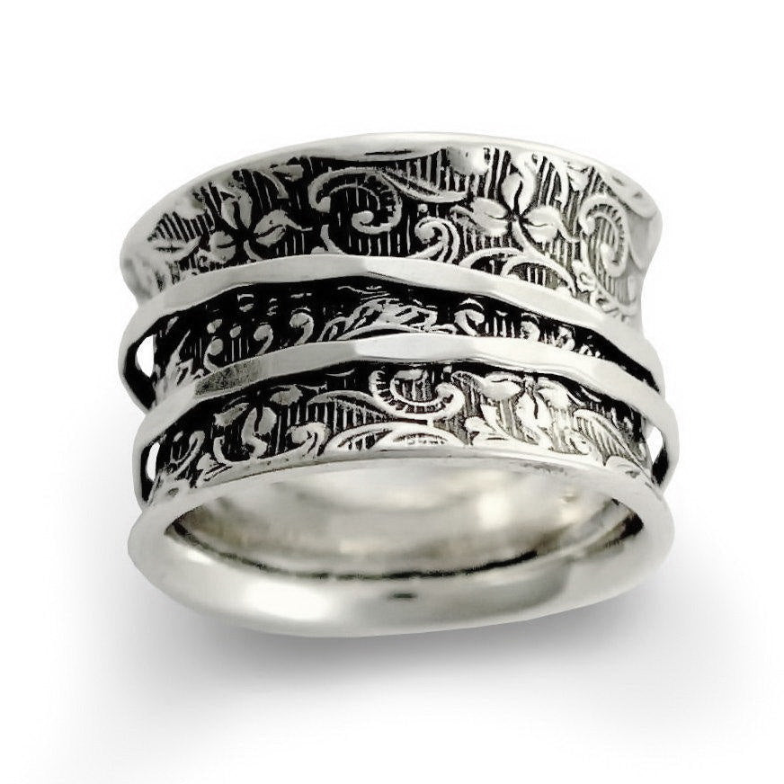 R1209AS Oxidized Silver floral spinner ring