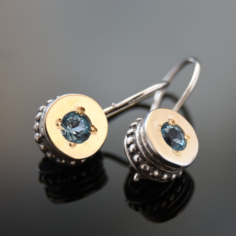 E2088X Small Gold and Silver earrings with Blue Topaz