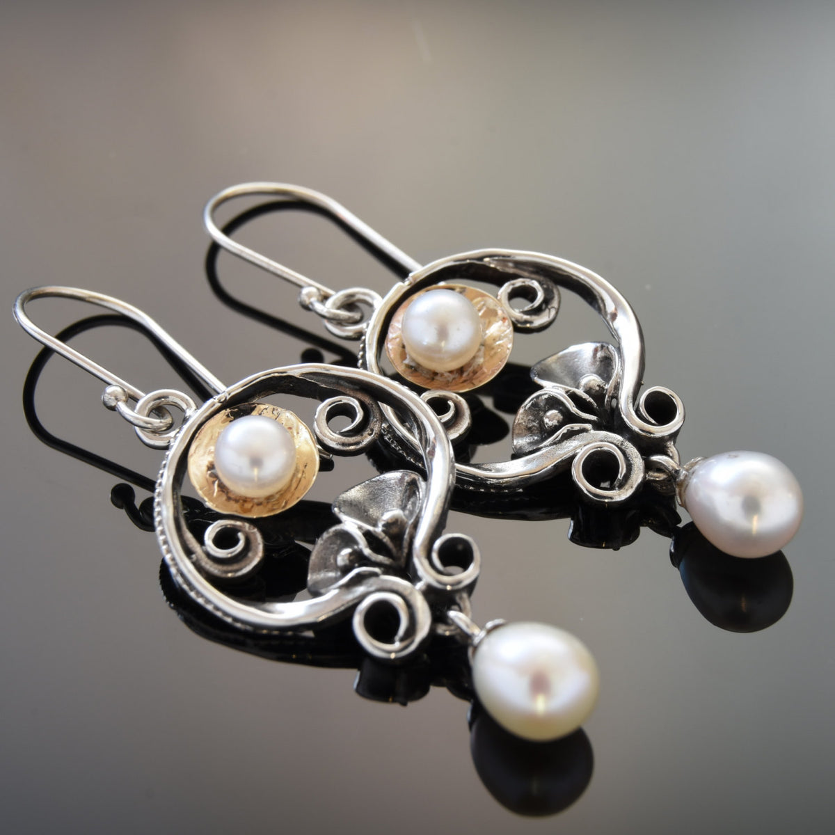 E2151G Floral Chandelier Earrings with Pearls