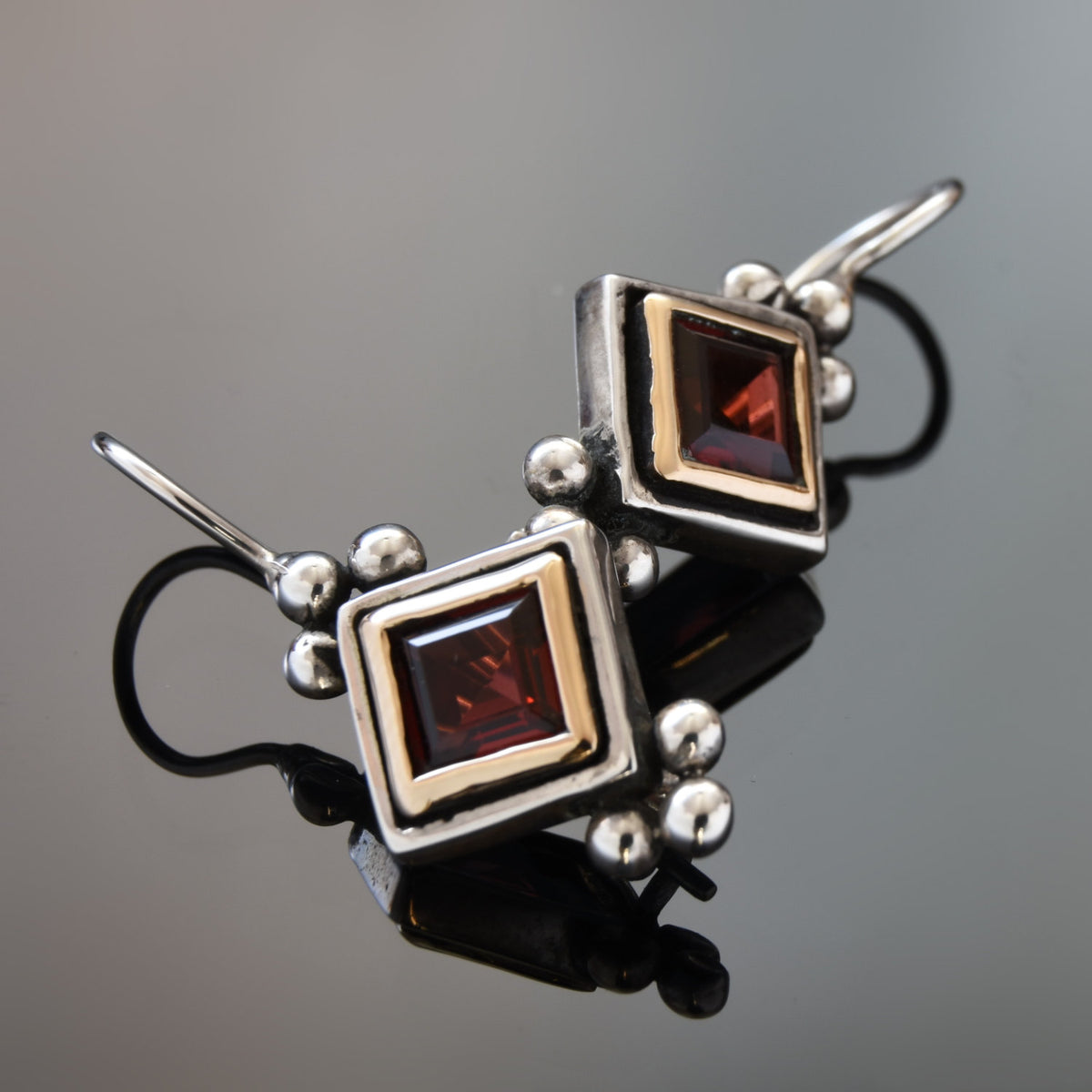 E0306X Square Garnet two tone earrings