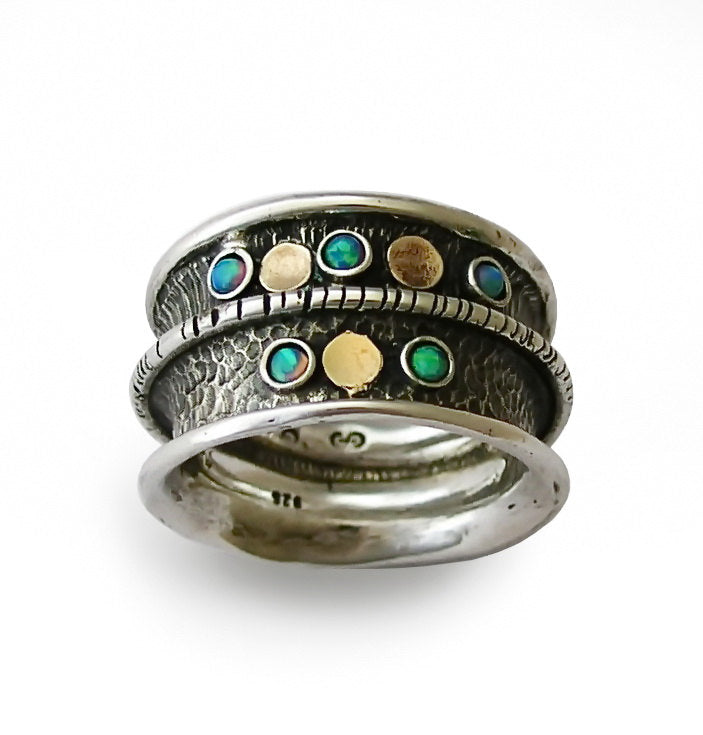 R1714G Oxidized silver wide band with Gold and Opal