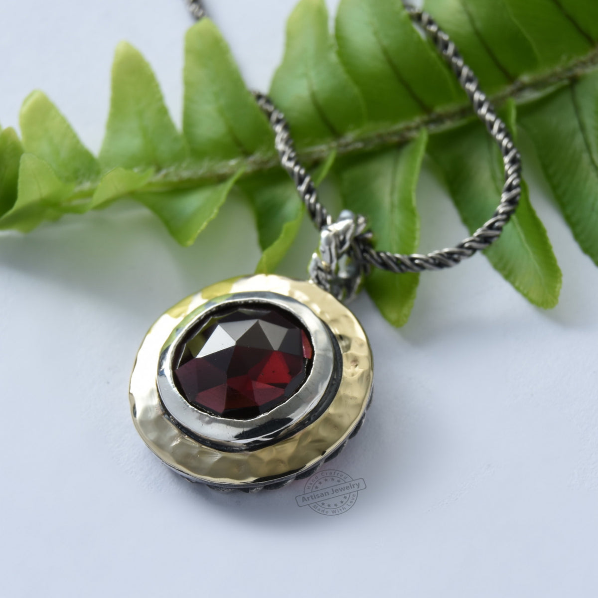 N4443-1 Round Garnet two tone necklace