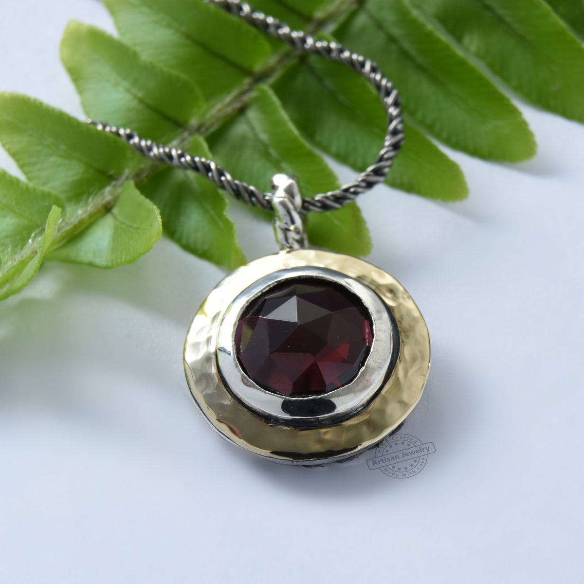 N4443-1 Round Garnet two tone necklace