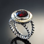 R1549 Gold and Silver rope ring with large Garnet