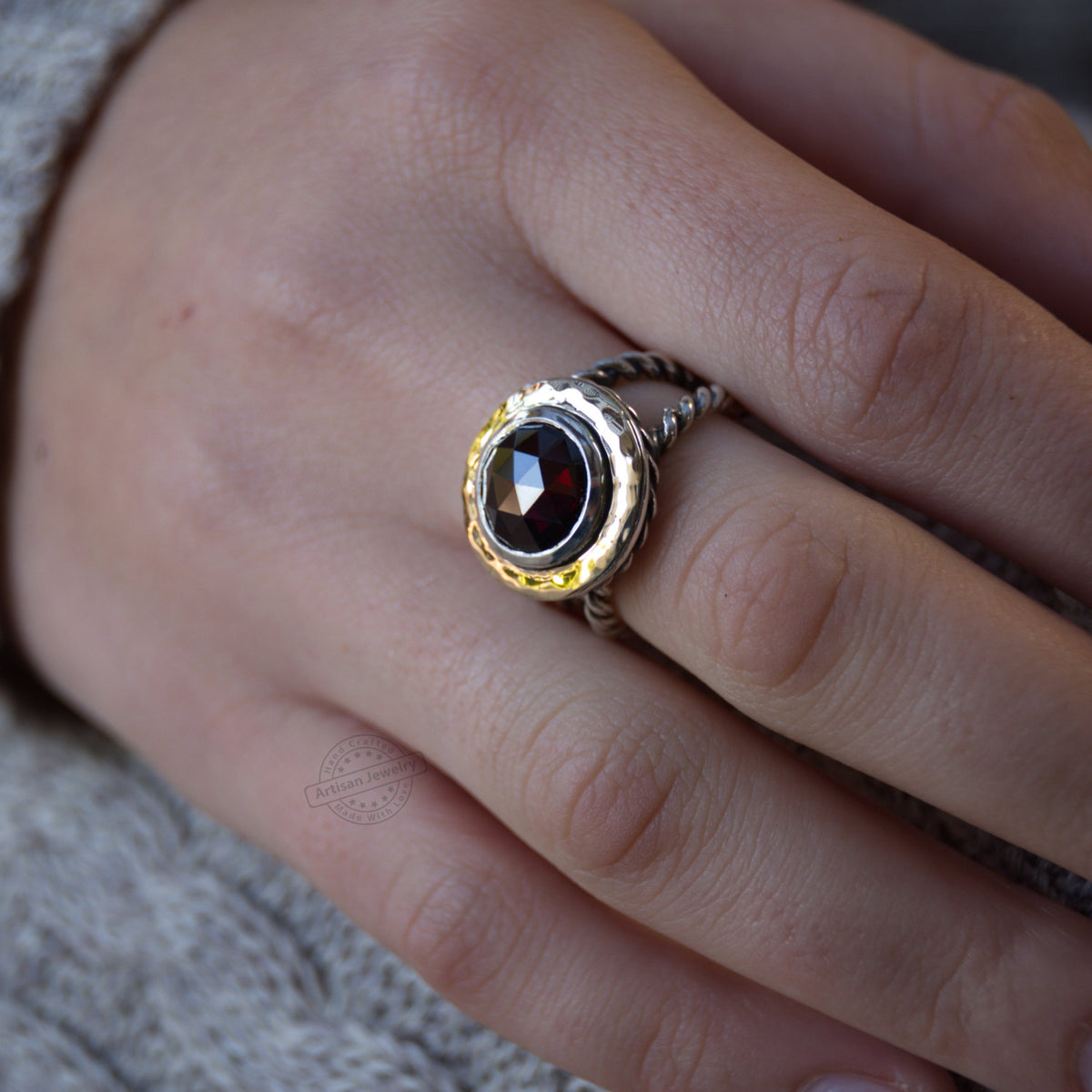 R1549 Gold and Silver rope ring with large Garnet