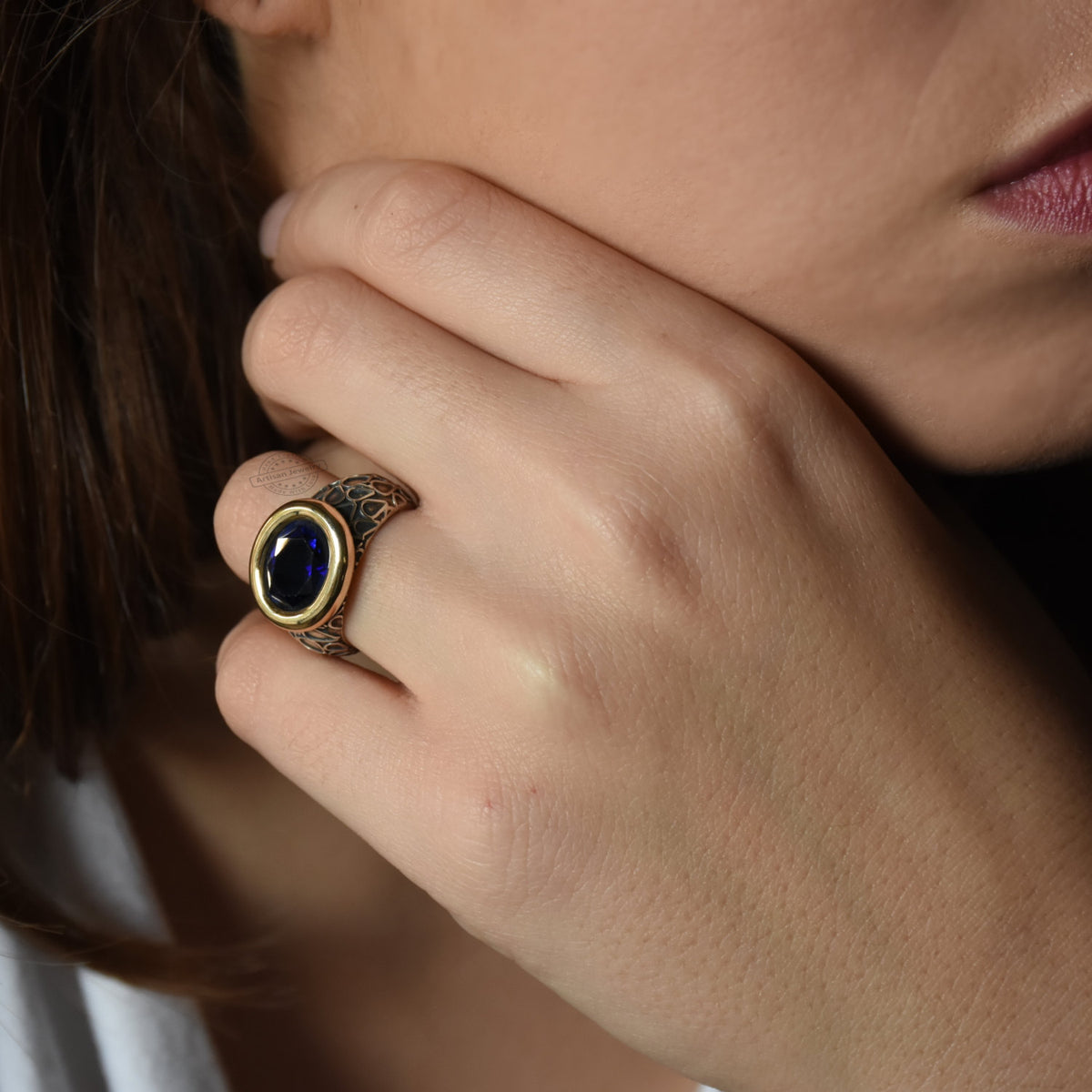 R1228 Two Tone Statement Ring with Deep Blue Sapphire