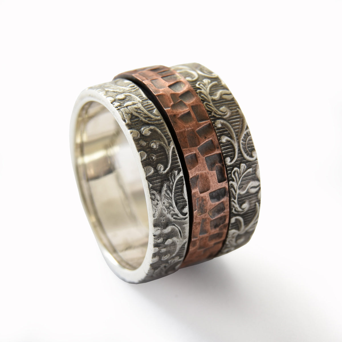 R1794C Textured Copper and Silver spinner ring