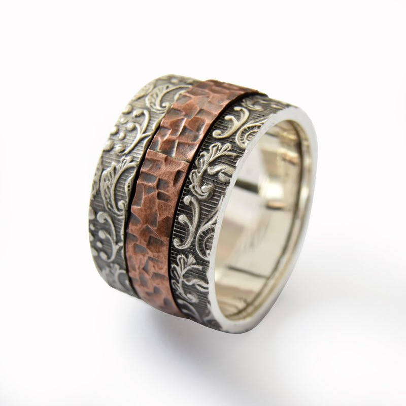 R1794C Textured Copper and Silver spinner ring