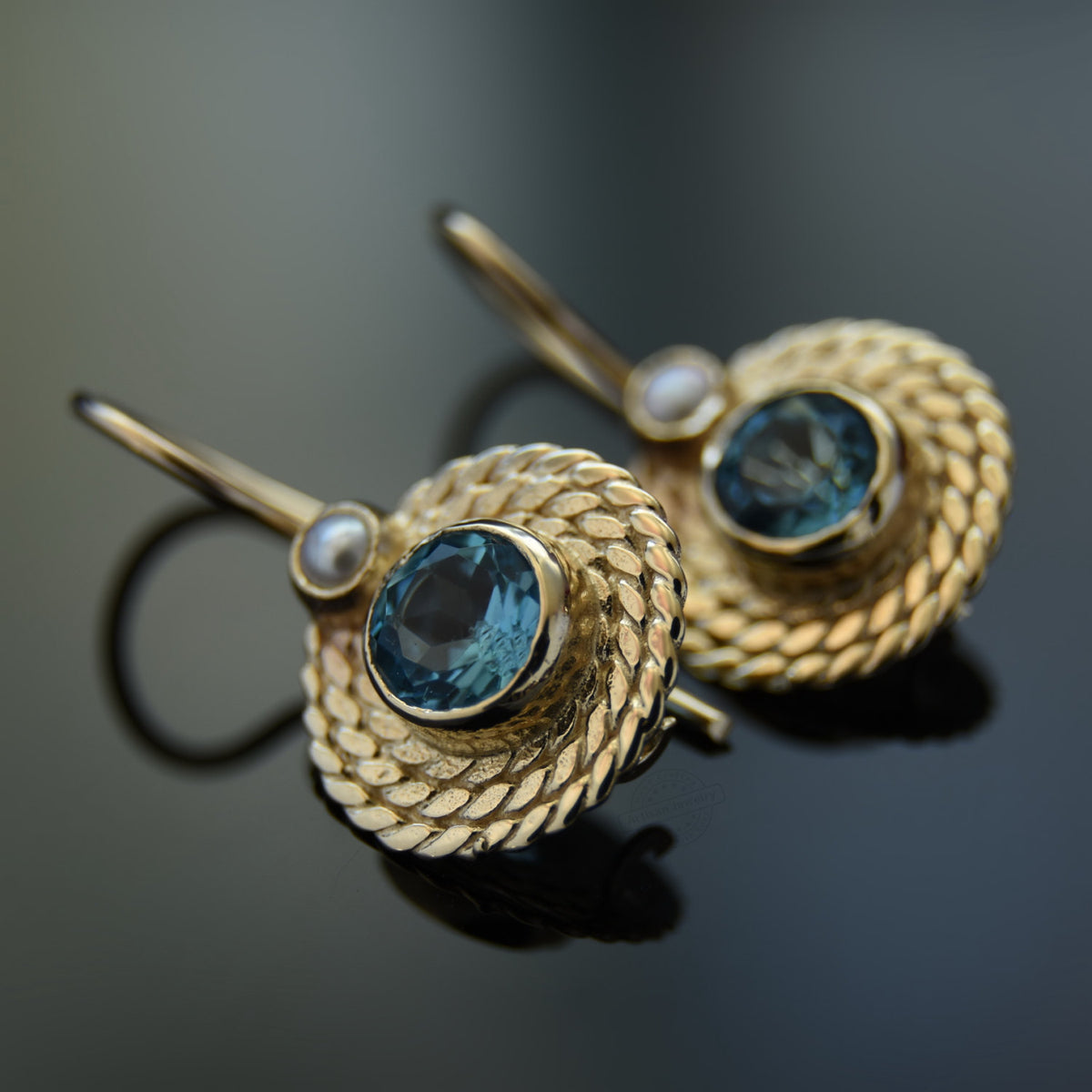 EG0761 Gold Braided Drop Earrings with Topaz and Pearls