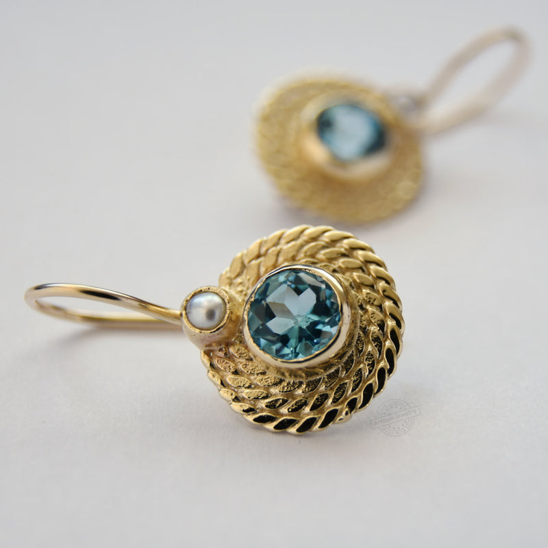 EG0761 Gold Braided Drop Earrings with Topaz and Pearls
