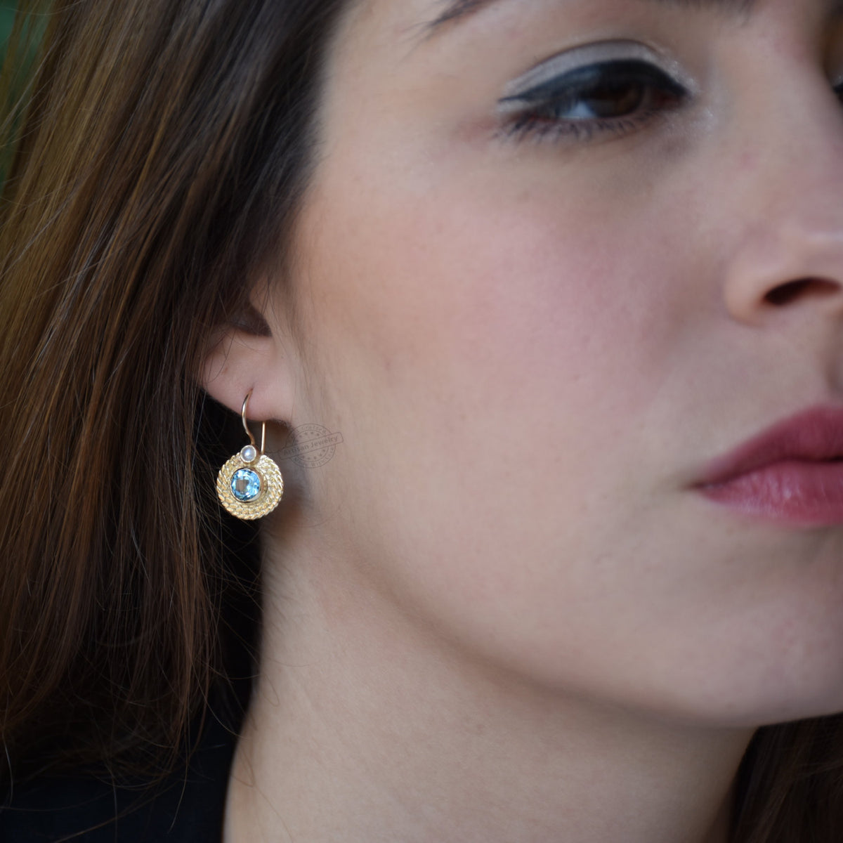 EG0761 Gold Braided Drop Earrings with Topaz and Pearls
