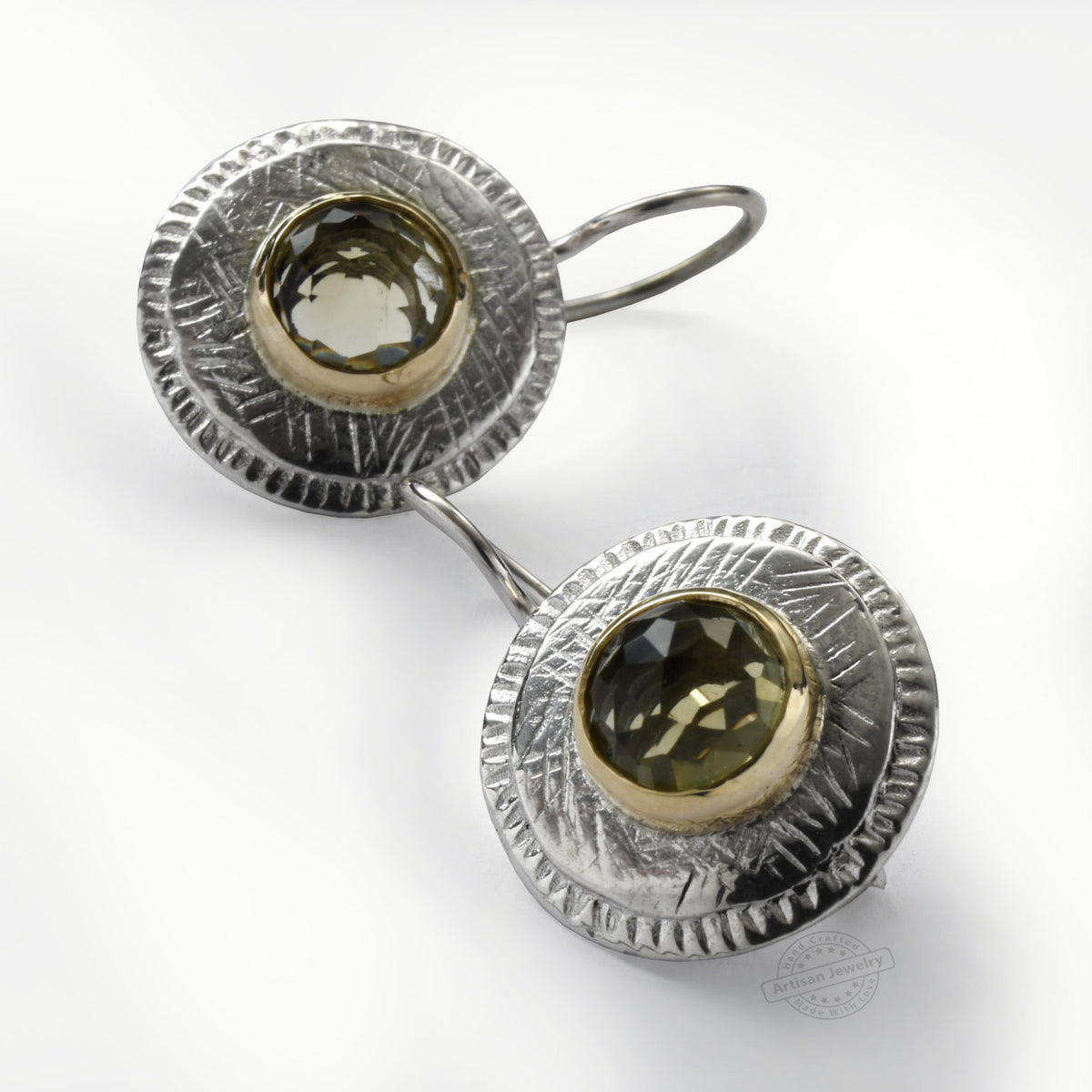 E2098 Green Quartz and Silver Textured Earrings