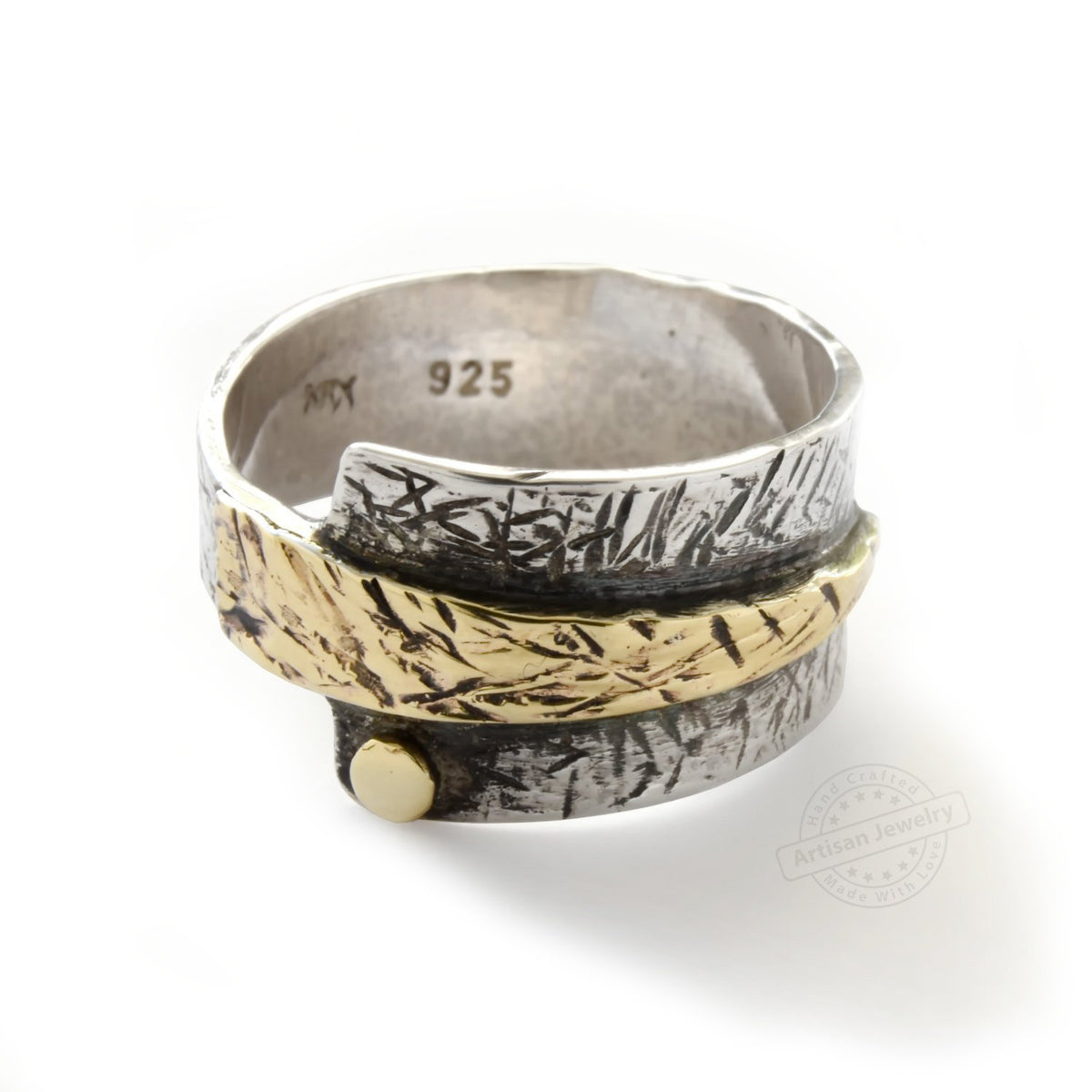 R1659 Rustic silver gold rivet ring