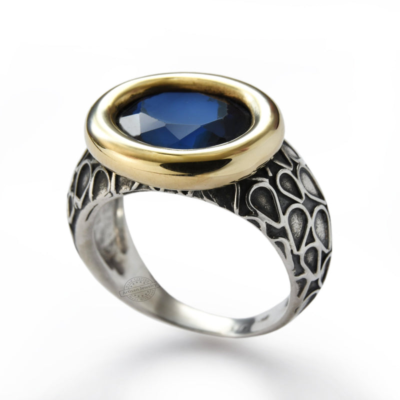 R1228 Two Tone Statement Ring with Deep Blue Sapphire