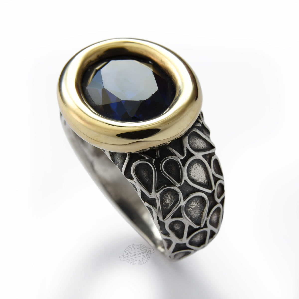 R1228 Two Tone Statement Ring with Deep Blue Sapphire