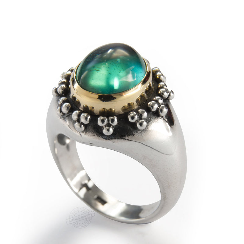 R0929 Chunky Two Tone Ring with Green Quartz