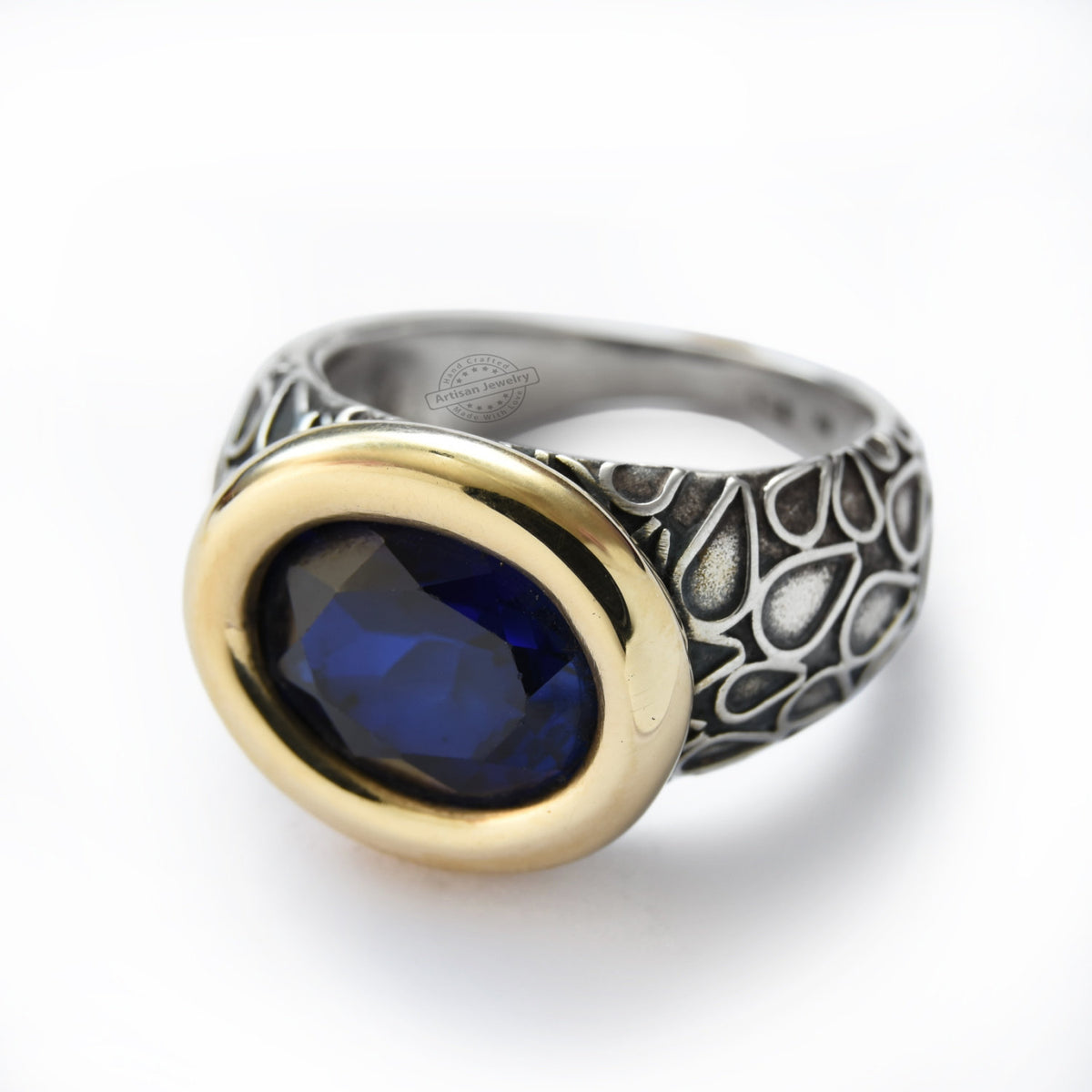 R1228 Two Tone Statement Ring with Deep Blue Sapphire