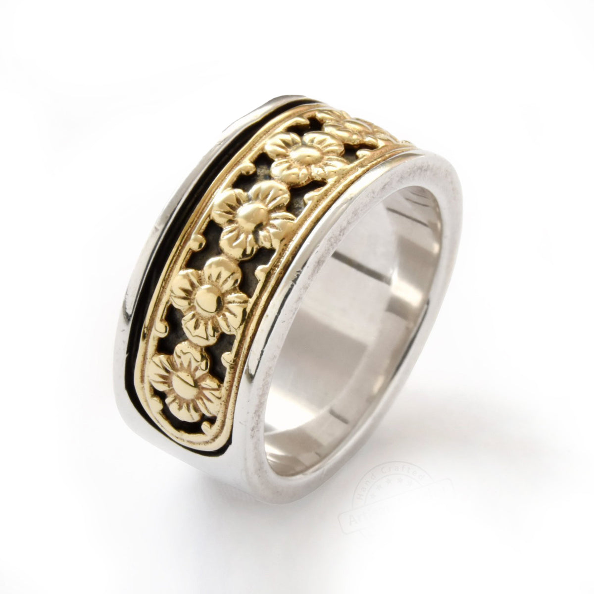 R1143 Ethnic Mixed Metals Ring with Flower Details