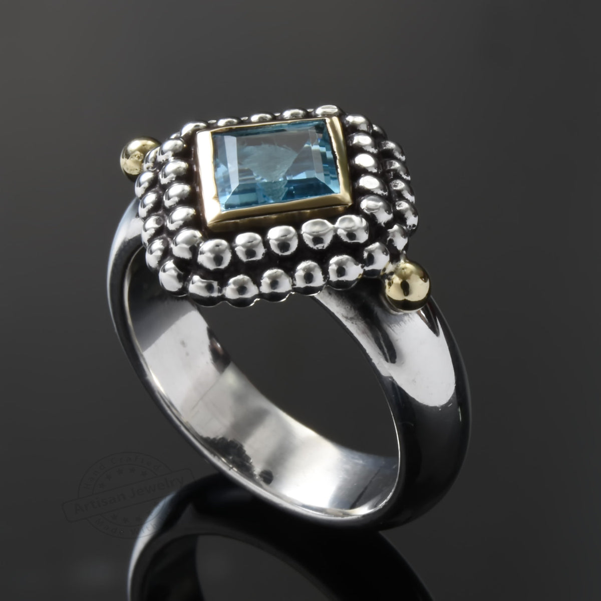 R0945 Square Blue Quartz silver and gold ring