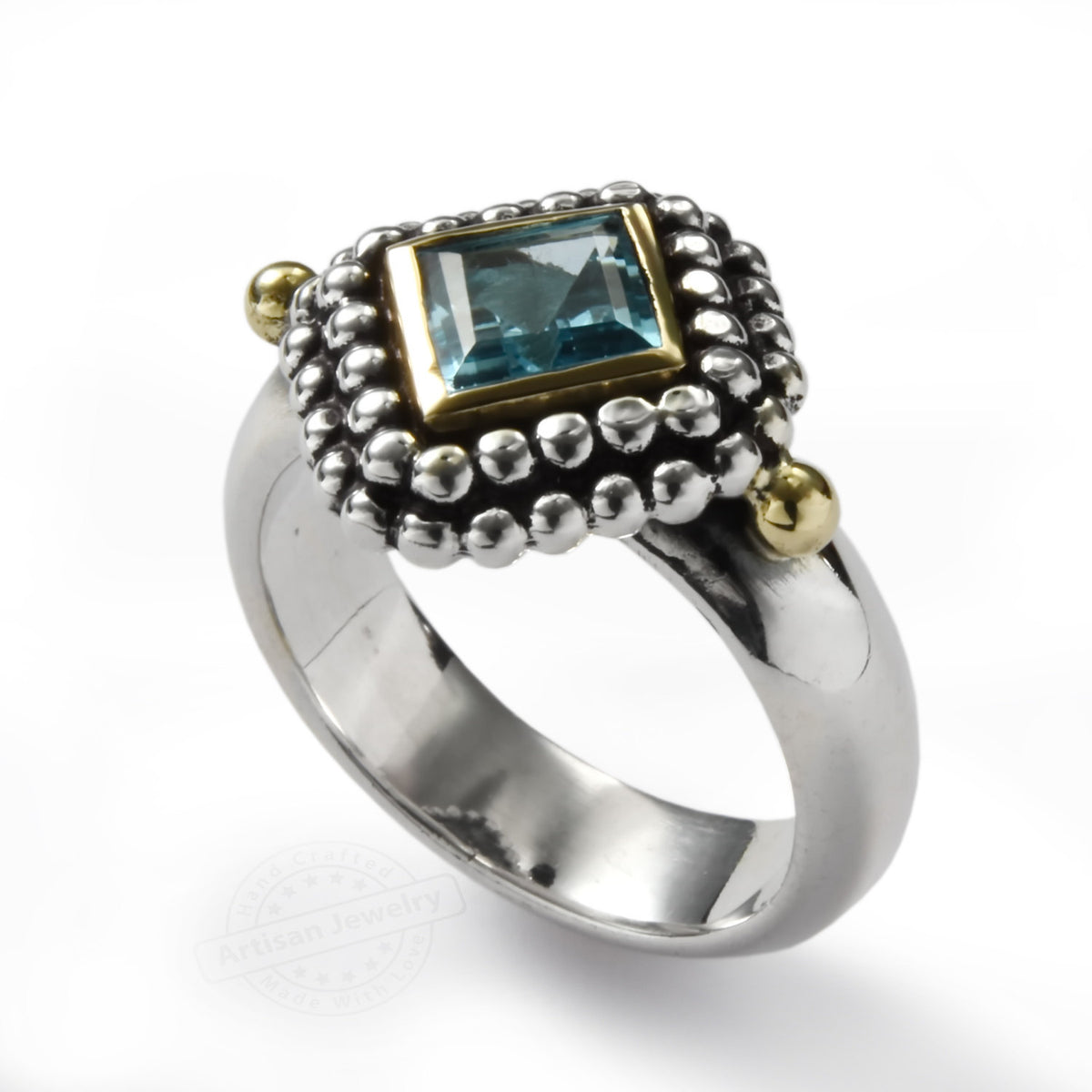 R0945 Square Blue Quartz silver and gold ring