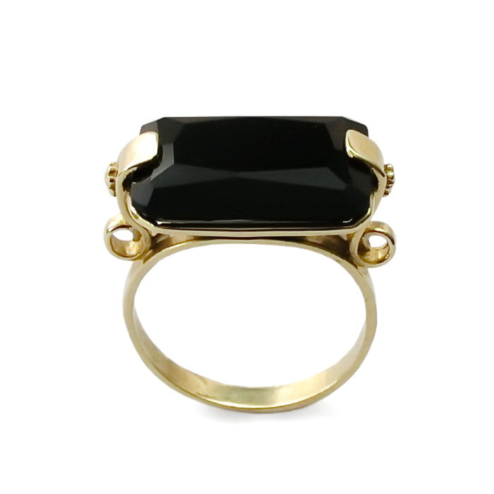 RG1242-1 Rectangle Black Onyx Ring with Dainty Gold Band