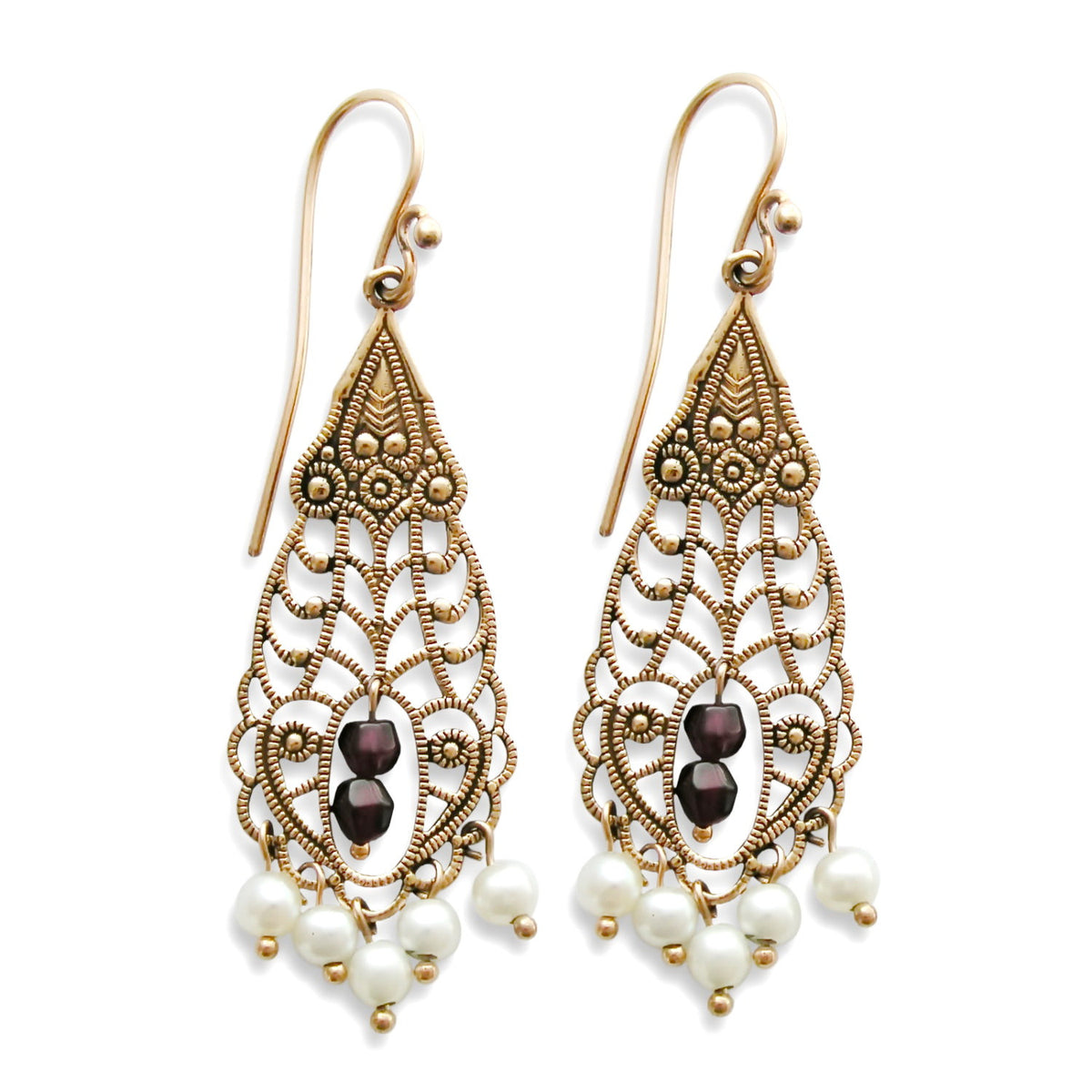 EG0795 Rose Gold Chandelier Earrings with Garnets and Pearls