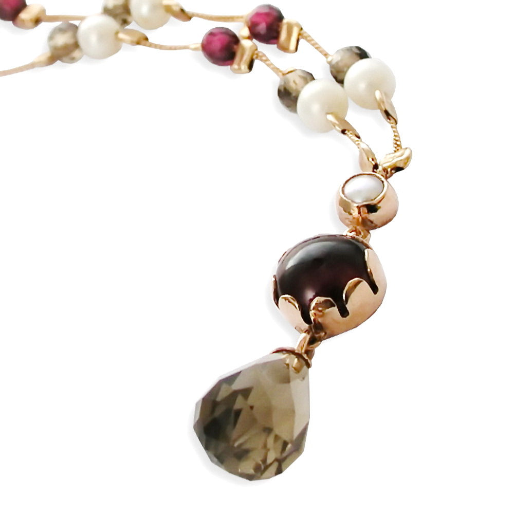 NG0862-1 Gold station necklace with Garnet, Pearls and Smokey Quartz