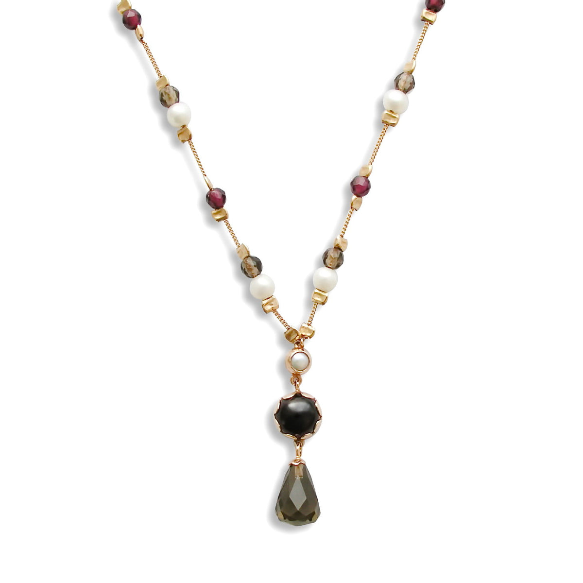 NG0862-1 Gold station necklace with Garnet, Pearls and Smokey Quartz