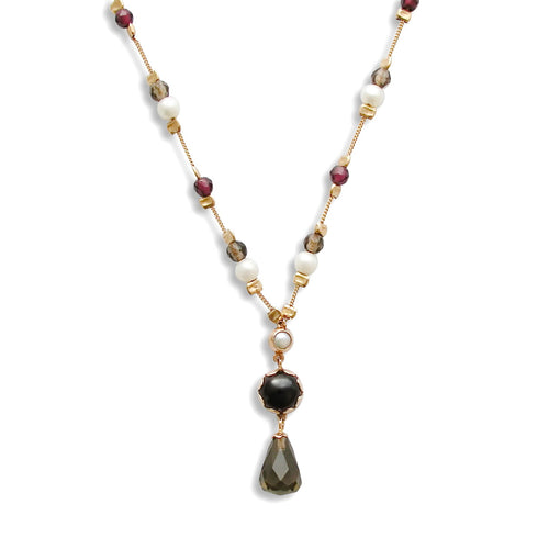NG0862-1 Gold station necklace with Garnet, Pearls and Smokey Quartz