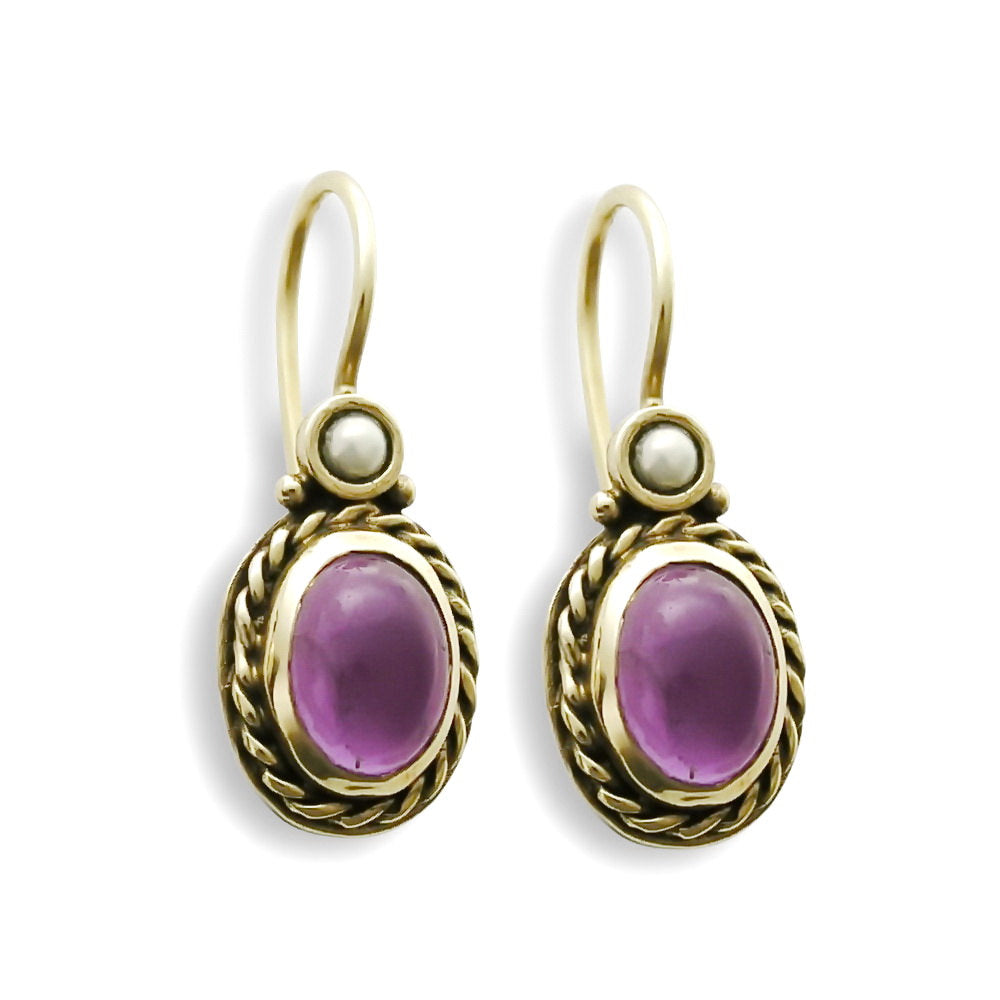 EG0732 Gold Drop Earrings with Oval Amethyst and Pearl